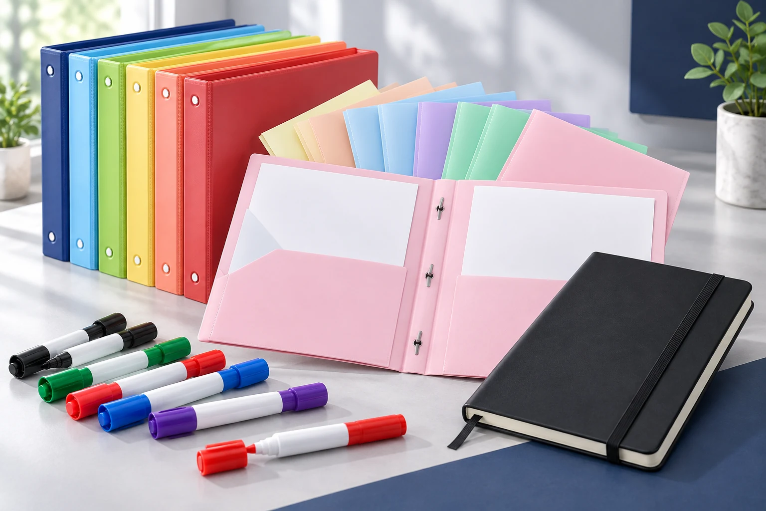 SUIN product family scene with binders, folders, a journal, and markers