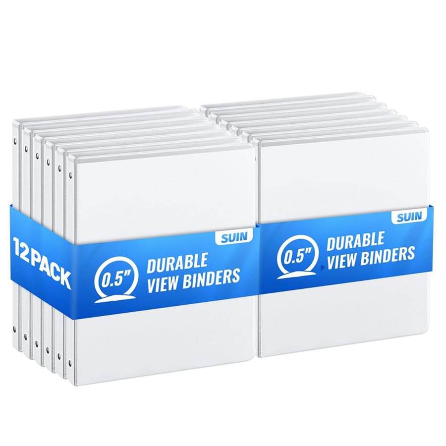 Bulk 12 Pack 0.5-inch 3 Ring Binders -Durable 1/2'' Binders with Roung Ring Binder, Large 100 Sheet Capacity, Fit 8.5" x 11" US Letter Size Paper, White (0.5'' White - 12 Packs)