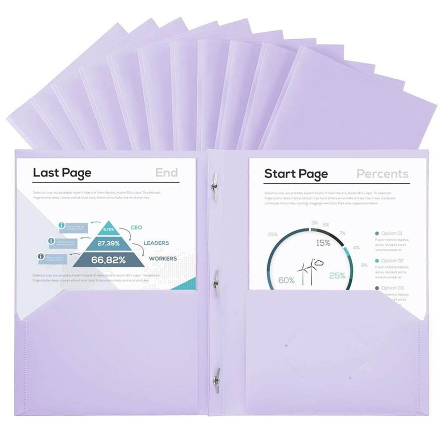 Plastic Project-Folder with 2 Pockets and 3-Prong Fasteners, for US Letter Size, Bulk Pack Color File-Folder for US Letter Size Papers, Ideal for School & Office, (Pastel Purple)