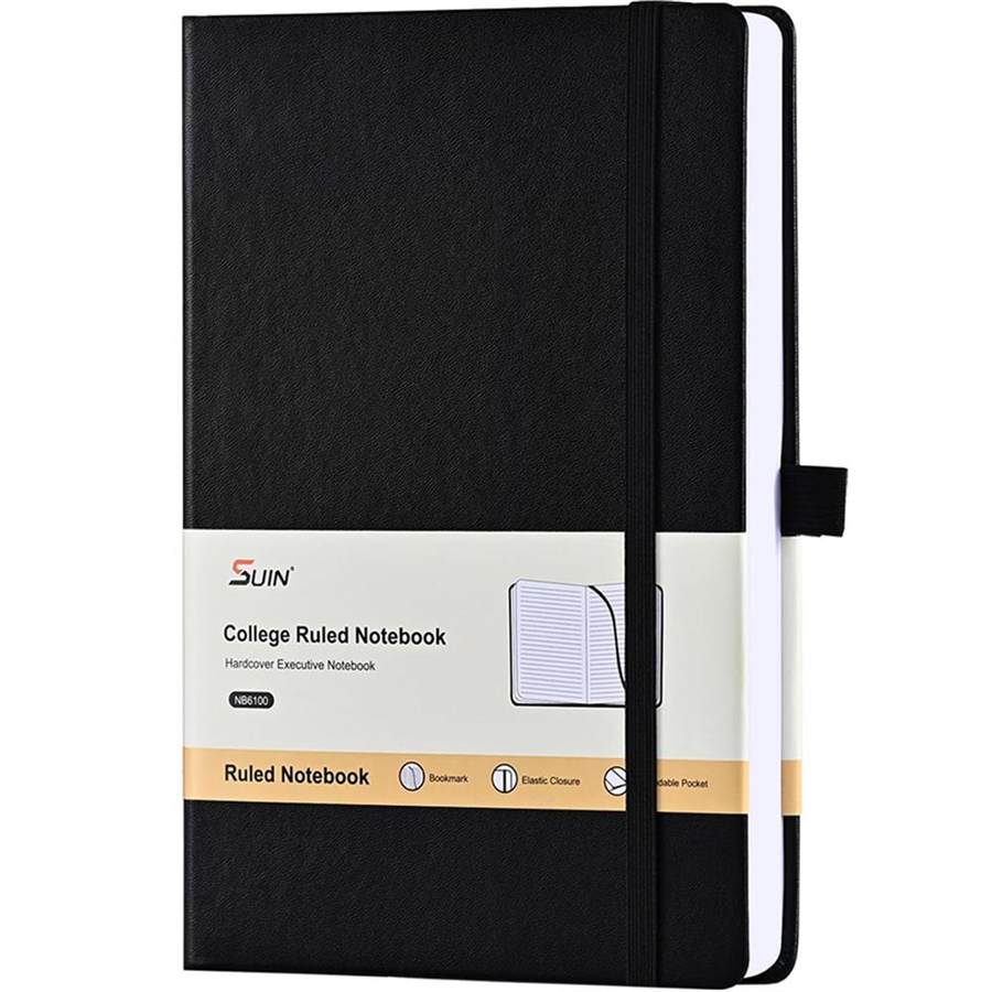Lined Journal Notebook, Leather Hardcover Journal for Work, School, Travel, 100 GSM Paper, 160 Pages, 5.5x8.3 Inch, College Ruled, Black, 1-Pack