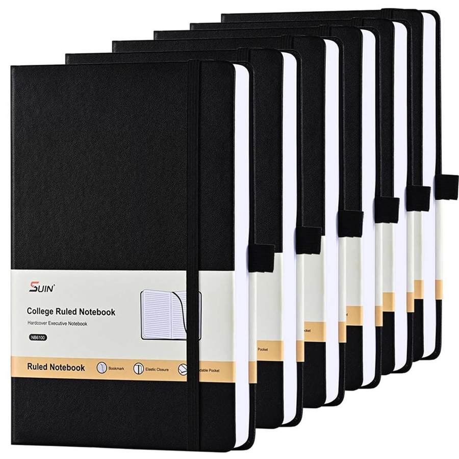 Lined Journal Notebook, Leather Hardcover Journal for Work, School, Travel, 100 GSM Paper, 160 Pages, 5.5x8.3 Inch, College Ruled, Black, 6-Pack