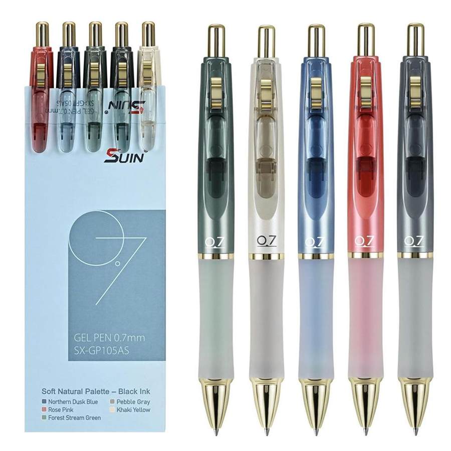 Gel Pens, Premium 0.7mm Black Ink, Retractable Rolling-Ball Gel-Pens, Refillable Medium Fine Point for Smooth Writing - Pack of 5