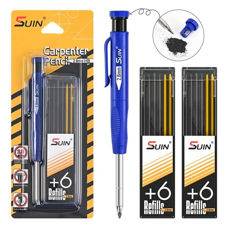 Mechanical Carpenter Pencil Set with Built-in Sharpener, 2.8mm Deep Hole Marker, for Woodworking, Construction, Metal Scribing,1 Pencil (Blue) & 12 Refills (Graphite Black/Yellow Leads)