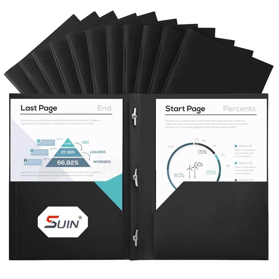 Plastic Project-Folder with 2 Pockets and 3-Prong Fasteners, for US Letter Size, Bulk Pack Color File-Folder for US Letter Size Papers, Ideal for School & Office, (Black)