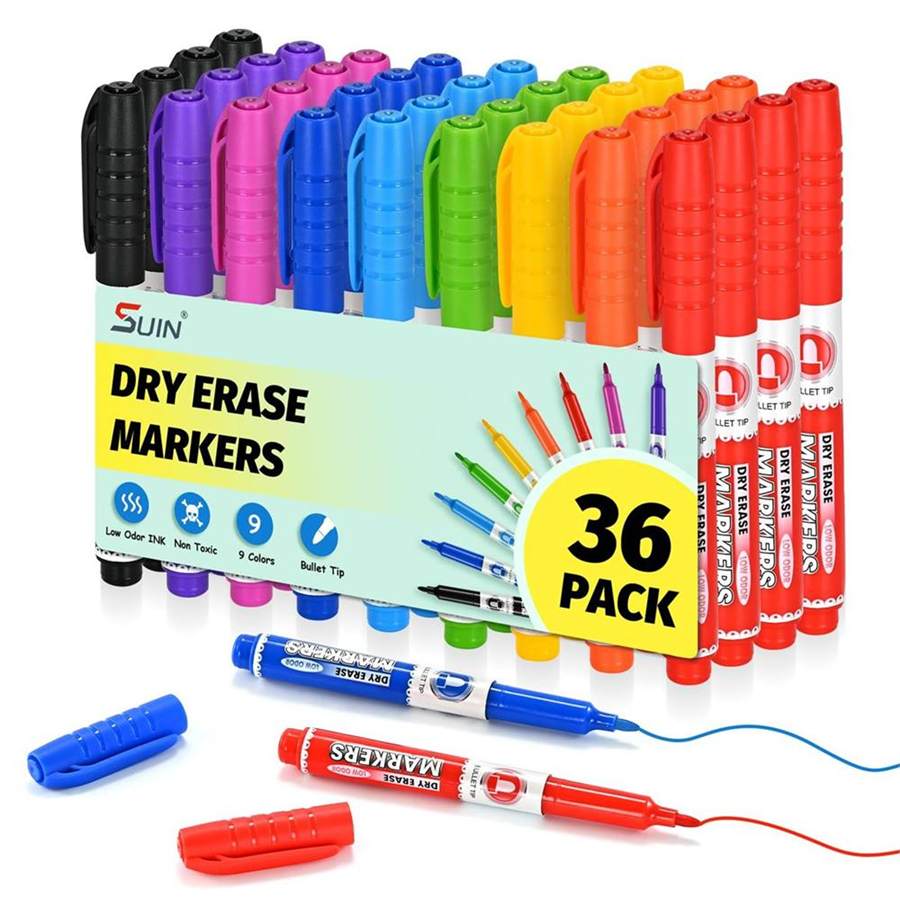 9 Colors Dry Erase Markers - Low Odor, Non-Toxic, Slim Whiteboard Bullet Tip markers, Medium Fine Tip Whiteboard Pens for Work, Office, Classroom & Home 36 Count