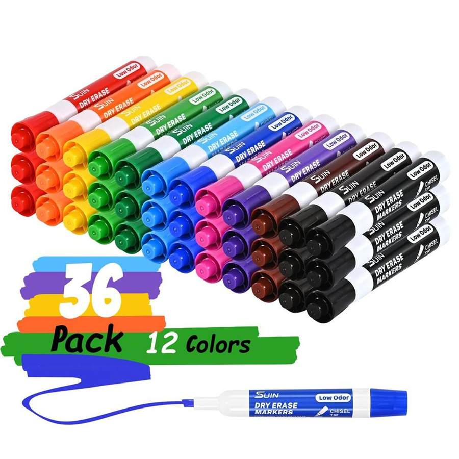 Dry Erase Markers, Chisel Tip Whiteboard Markers for Classroom and Office, Broad & Fine Lines, Wipe Clean & Ghost-Free, Works on Glass and Laminated Sleeves, Assorted 12 Colors, 36 Count