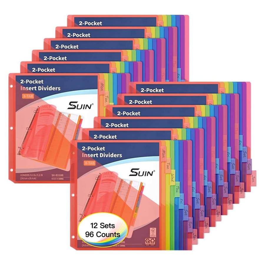 8-Tab Insertable Binder Dividers with Double Pockets - Translucent Plastic Page Separators for 3 Ring Binder, Front & Back Storage, Durable Poly, Letter Size, Rainbow Colors, 12-Pack