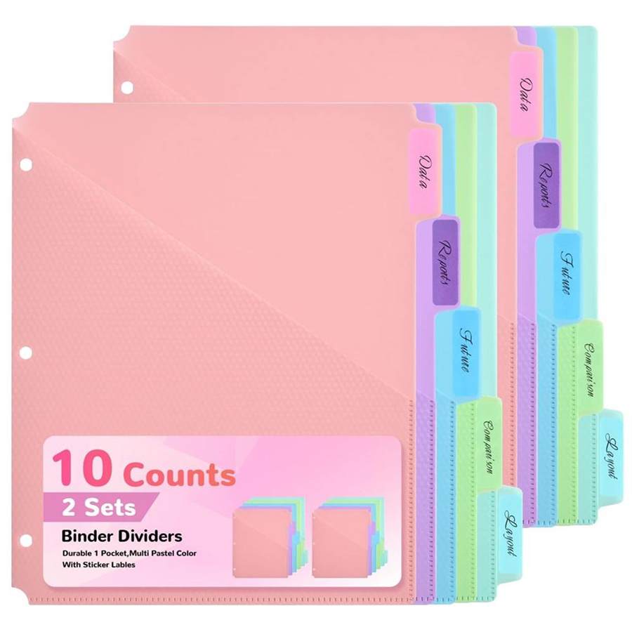 5-Tab Binder Dividers with Pockets - Heavy Duty Plastic Dividers for 3 Ring Binder, Letter Size Poly Page Separators with Tabs & Label Stickers, Diamond Texture, 5 Pastel Colors, 2-Pack