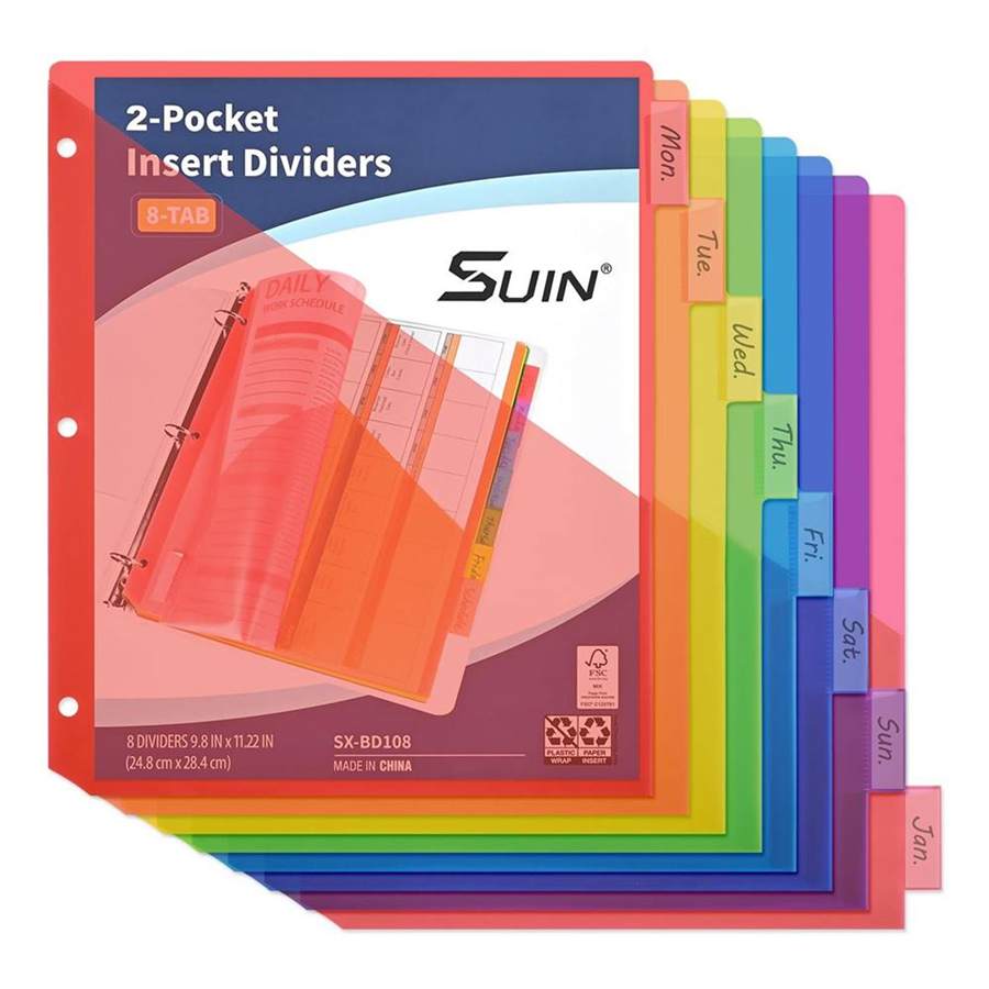 8-Tab Binder Dividers with Double Pockets - Translucent Plastic Page Separators for 3 Ring Binder, Front & Back Storage, Durable Poly, Letter Size, Rainbow Colors, 1-Pack