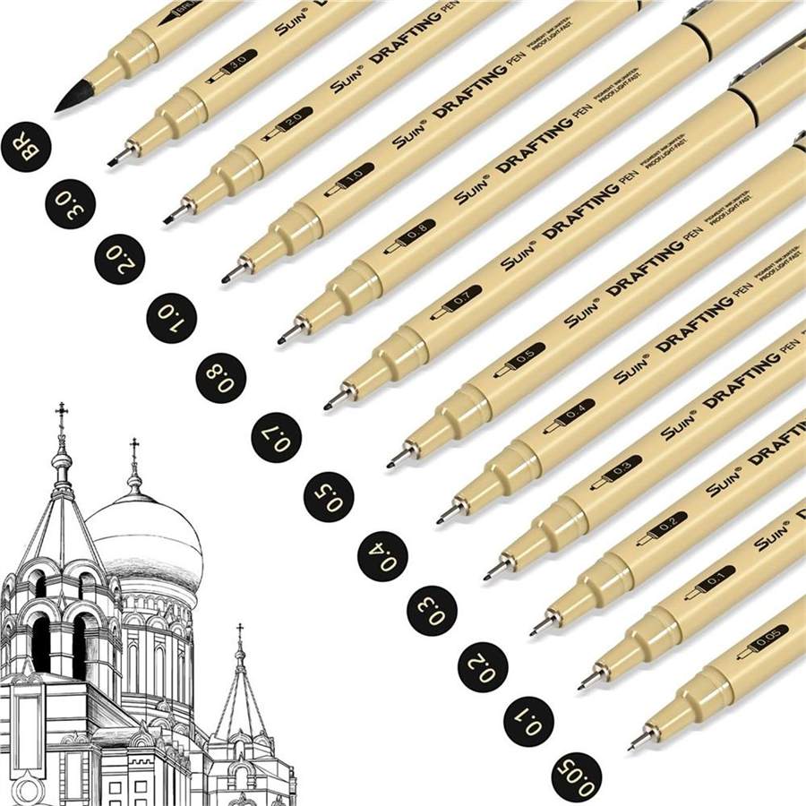 12 Pack Black Fineliner Pens, Waterproof Drafting Pens with Assorted Micro Tips & Brush, Professional Multiliner Ink Pens for Technical Drawing, Anime Sketching, Architecture & Adult Art