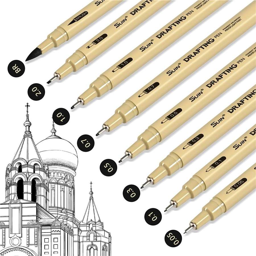 8 Pack Black Fineliner Pens, Waterproof Drafting Pens with Assorted Micro Tips & Brush, Professional Multiliner Ink Pens for Technical Drawing, Anime Sketching, Architecture & Adult Art