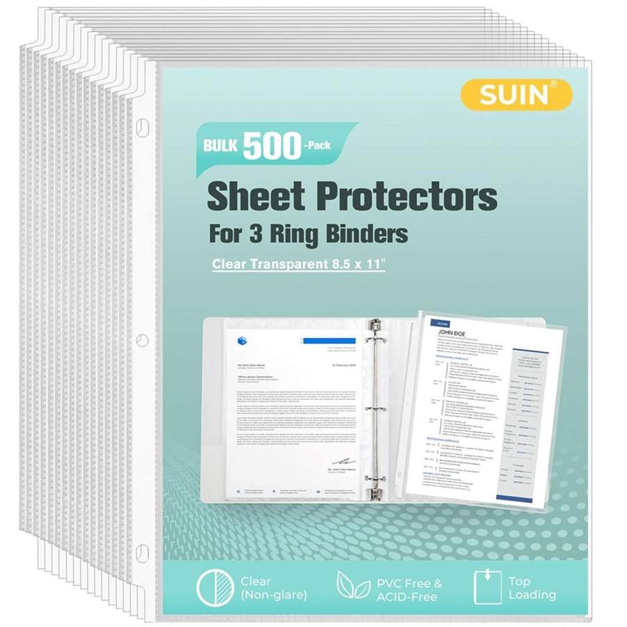 Sheet Protectors 500 Pack, Clear Plastic Page Protectors 8.5 x 11 Inch, Reinforced 3 Hole Plastic Binder Sleeves, Acid-Free Archival Document Holders for Office & School